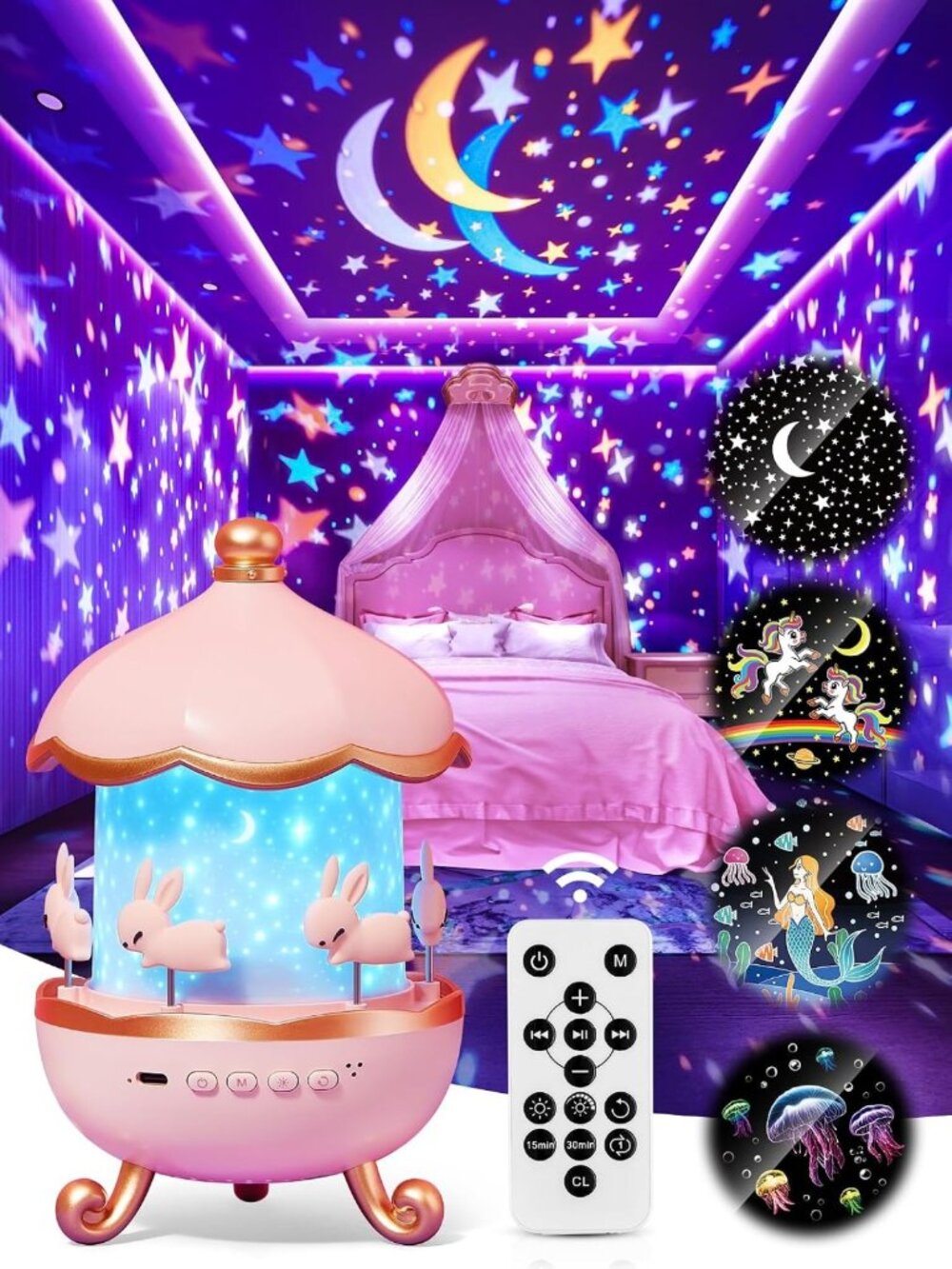 Kids Carousel Night Light Projector with 15 Sounds & Films - Perfect Gift!